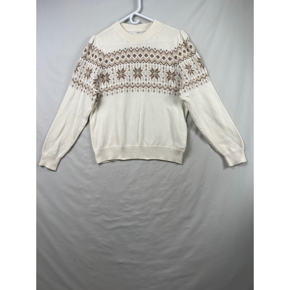 J.Crew Sweater Women Large Ivory Fair Isle Cotton Puff Sleeve Crewneck Knit Top